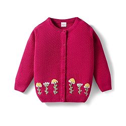 Babyhug Knit Full Sleeves Front Open Sweater with Floral Embroidery - Fuchsia