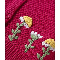 Babyhug Knit Full Sleeves Front Open Sweater with Floral Embroidery - Fuchsia