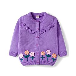 Babyhug Knit Full Sleeves Front Open Sweaters with Frill Detailing & Floral Embroidery - Lavender