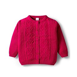 Babyhug Knit Full Sleeves Front Open Sweater with Floral Cable Knit Design - Fuchsia