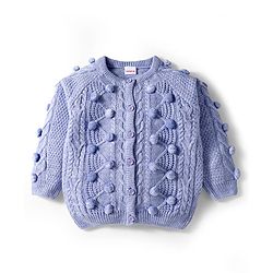 Babyhug Knit Full Raglan Sleeves Front Open Sweater with Cable Knit Design & Pom Pom Applique - Lavender
