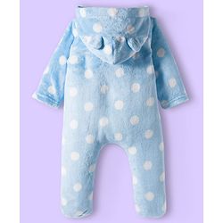 Babyhug Woven Full Sleeves Front Open Footed Hooded Winter Wear Romper with Polka Dot Design - Light Blue
