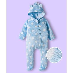 Babyhug Woven Full Sleeves Front Open Footed Hooded Winter Wear Romper with Polka Dot Design - Light Blue