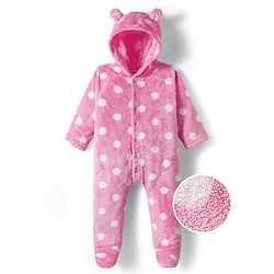 Babyhug Woven Full Sleeves Front Open Footed Hooded Winter Wear Romper with Polka Dot Design - Light Blue