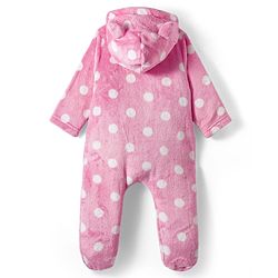 Babyhug Woven Full Sleeves Front Open Footed Hooded Winter Wear Romper with Polka Dot Design - Light Blue