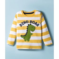 Babyhug 100% Cotton Knit Full Sleeves Striped T-Shirt With Dino Print - Yellow