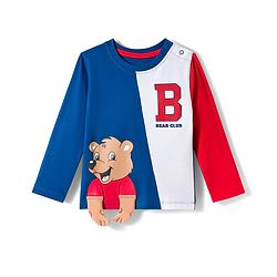 Babyhug 100 % Cotton Knit Full Sleeves Cut & Sew T-Shirt with Teddy Print & Applique - Blue & Red