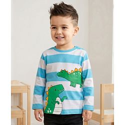 Babyhug 100% Cotton Knit Full Sleeves Striped T-Shirt with Dino Graphic - White & Light Blue