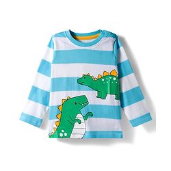 Babyhug 100% Cotton Knit Full Sleeves Striped T-Shirt with Dino Graphic - White & Light Blue