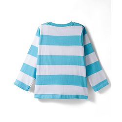 Babyhug 100% Cotton Knit Full Sleeves Striped T-Shirt with Dino Graphic - White & Light Blue