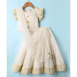 Babyhug South Cotton Woven Frill Sleeves Floral Embroidered Choli & Lehenga Set With Dupatta - Off White
