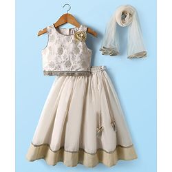 Babyhug South Cotton Woven Sleeveless Floral Embroidered Choli & Lehenga Set With Dupatta - Off White