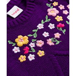 Babyhug Knitted Full Raglan Sleeves Woollen Dress With Floral Embroidery - Purple