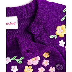 Babyhug Knitted Full Raglan Sleeves Woollen Dress With Floral Embroidery - Purple