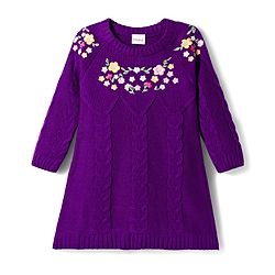 Babyhug Knitted Full Raglan Sleeves Woollen Dress With Floral Embroidery - Purple