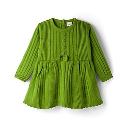 Babyhug Knitted Full Sleeves Solid Woollen Dress With Bow Applique - Green