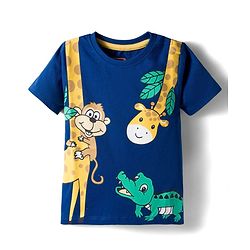 Babyhug 100 % Cotton Knit Half Sleeves T-Shirt with Giraffe & Crocodile Print - Navy Blue