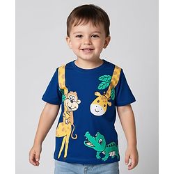 Babyhug 100 % Cotton Knit Half Sleeves T-Shirt with Giraffe & Crocodile Print - Navy Blue