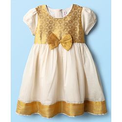 Babyhug South Cotton Woven Cap Sleeves Ethnic Dress With Foil Print & Bow Applique - Off White