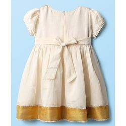 Babyhug South Cotton Woven Cap Sleeves Ethnic Dress With Foil Print & Bow Applique - Off White