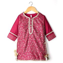 Babyhug Woven Three Fourth Sleeves Kurti Gharara Set with Dupatta & Floral Glitter Print - Maroon