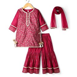 Babyhug Woven Three Fourth Sleeves Kurti Gharara Set with Dupatta & Floral Glitter Print - Maroon