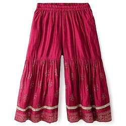 Babyhug Woven Three Fourth Sleeves Kurti Gharara Set with Dupatta & Floral Glitter Print - Maroon