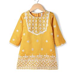 Babyhug Chanderi Woven Three Fourth Sleeves Floral Embroidered Kurti Palazzo Set with Dupatta - Yellow