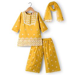 Babyhug Chanderi Woven Three Fourth Sleeves Floral Embroidered Kurti Palazzo Set with Dupatta - Yellow