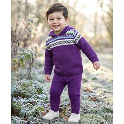 Babyhug Knitted Full Sleeves Hooded Sweater Set With Geometric Design - Purple
