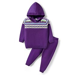 Babyhug Knitted Full Sleeves Hooded Sweater Set With Geometric Design - Purple