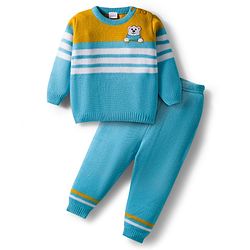 Babyhug Knit Full Sleeves Striped Pullover Sweater Set with Bear Patch Detailing - Aqua Blue