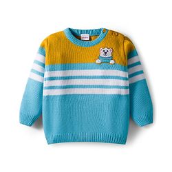 Babyhug Knit Full Sleeves Striped Pullover Sweater Set with Bear Patch Detailing - Aqua Blue
