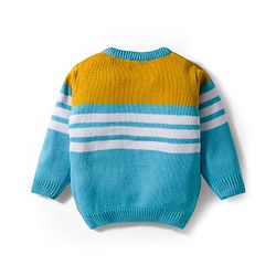 Babyhug Knit Full Sleeves Striped Pullover Sweater Set with Bear Patch Detailing - Aqua Blue
