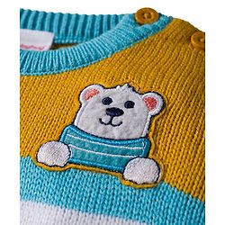 Babyhug Knit Full Sleeves Striped Pullover Sweater Set with Bear Patch Detailing - Aqua Blue