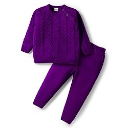 Babyhug Knit Full Raglan Sleeves Sweater Set with Cable Knit Design - Purple