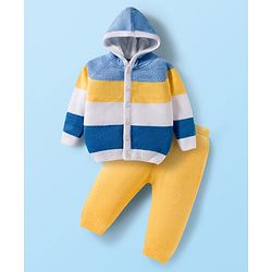 Babyhug Knit Full Raglan Sleeves Front Open Hooded Sweater Set with Color Block - Blue