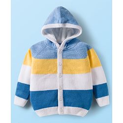 Babyhug Knit Full Raglan Sleeves Front Open Hooded Sweater Set with Color Block - Blue