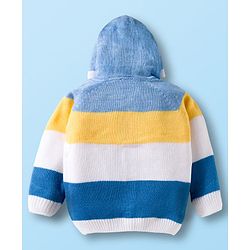 Babyhug Knit Full Raglan Sleeves Front Open Hooded Sweater Set with Color Block - Blue