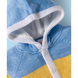 Babyhug Knit Full Raglan Sleeves Front Open Hooded Sweater Set with Color Block - Blue