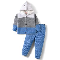 Babyhug Knitted Full Raglan Sleeves Hooded Sweater Set With Color Block Design - Multicolor