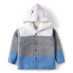 Babyhug Knitted Full Raglan Sleeves Hooded Sweater Set With Color Block Design - Multicolor