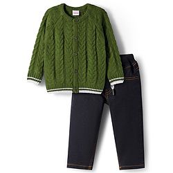 Babyhug Knit Full Raglan Sleeves Front Open Sweater & Pant Set with Cable Knit Design - Olive Green