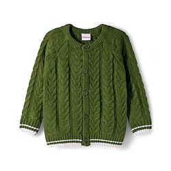 Babyhug Knit Full Raglan Sleeves Front Open Sweater & Pant Set with Cable Knit Design - Olive Green
