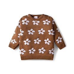 Babyhug Knit Full Sleeves Sweater Set with Floral Design - Brown
