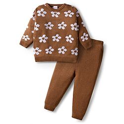 Babyhug Knit Full Sleeves Sweater Set with Floral Design - Brown