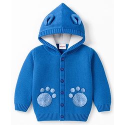 Babyhug Knit Full Sleeves Front Open Hooded Sweater Set with Paw Design - Blue
