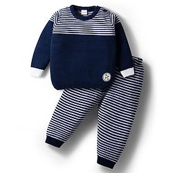 Babyhug Knit Full Sleeves Striped Sweater Set - Navy Blue