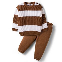 Babyhug Knit Full Sleeves Sweater Set With Stripes - Brown