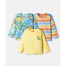 Babyhug 100% Cotton Knit Full Sleeves Striped & Dino Printed T-Shirts Pack of 3 - Multicolor